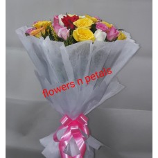 24 Multicolor Roses Hand Bunch With  White Paper Packing 